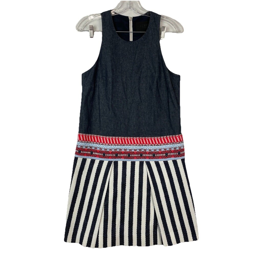 J.Crew Women 6 Dress Structured Chambray Nautical Stripe Coastal Embroidered